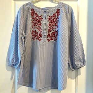 Talbots Embroidered Appliqué Top 100% Cotton Henley Boho Women’s Size XL Top